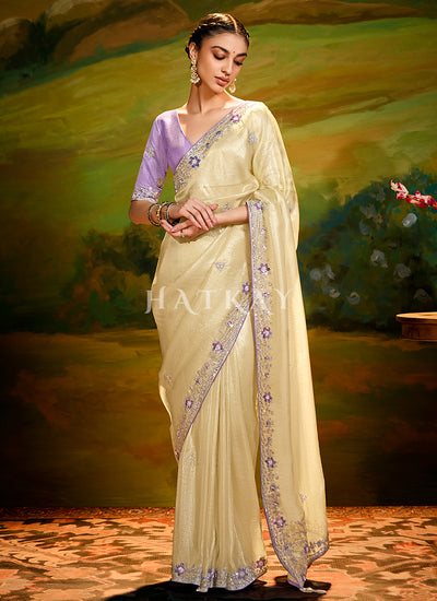 Yellow And Lavender Embroidery Wedding Silk Saree
