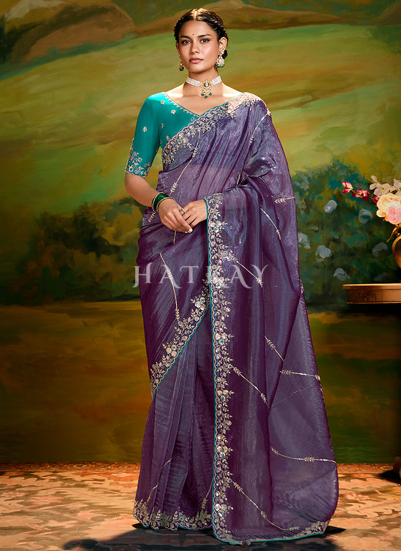 Purple And Teal Embroidery Wedding Silk Saree