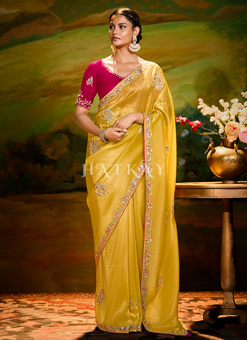 Yellow And Magenta Embroidery Wedding Silk Saree