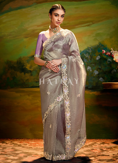 Mauve And Purple Embroidery Wedding Silk Saree