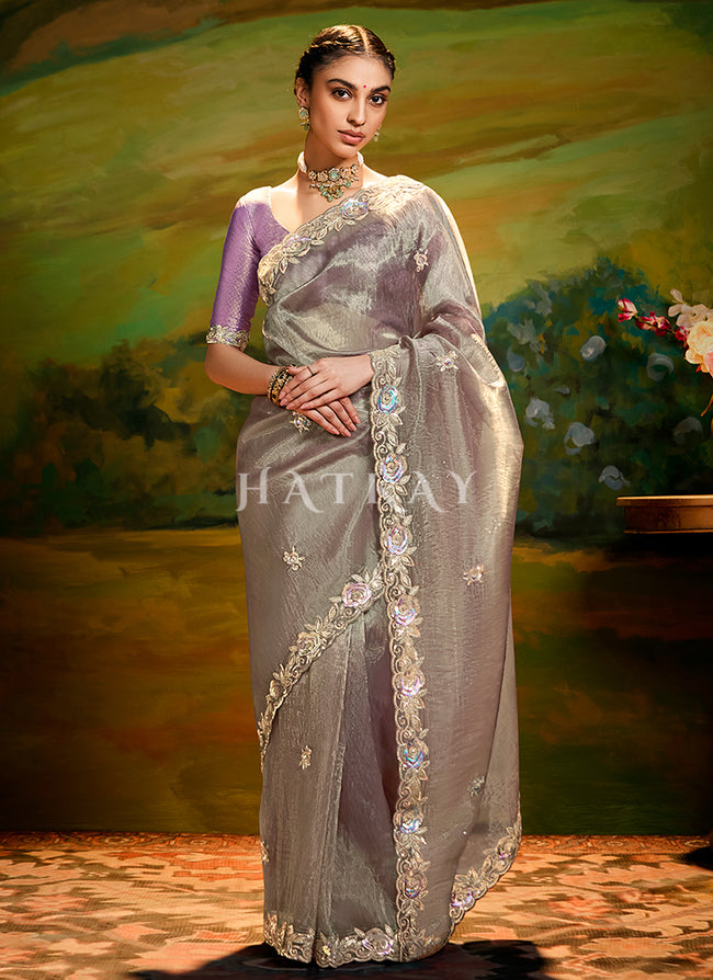 Mauve And Purple Embroidery Wedding Silk Saree