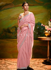 Pink And Blue Embroidery Wedding Silk Saree