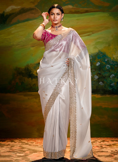 Ivory And Pink Embroidery Wedding Silk Saree