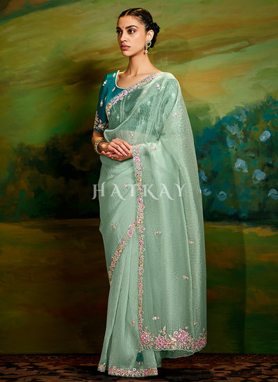 Mint Green And Teal Embroidery Wedding Silk Saree