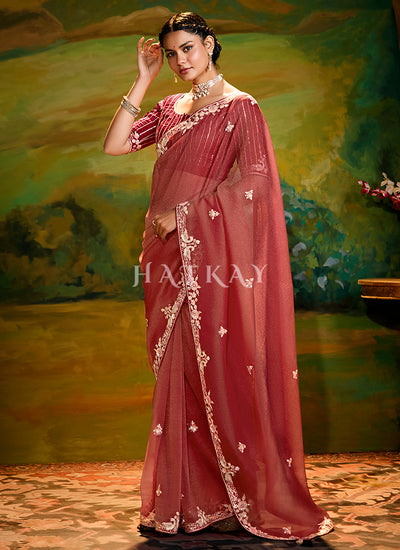 Rust Red Embroidery Wedding Silk Saree