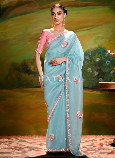Sky Blue And Pink Embroidery Wedding Silk Saree