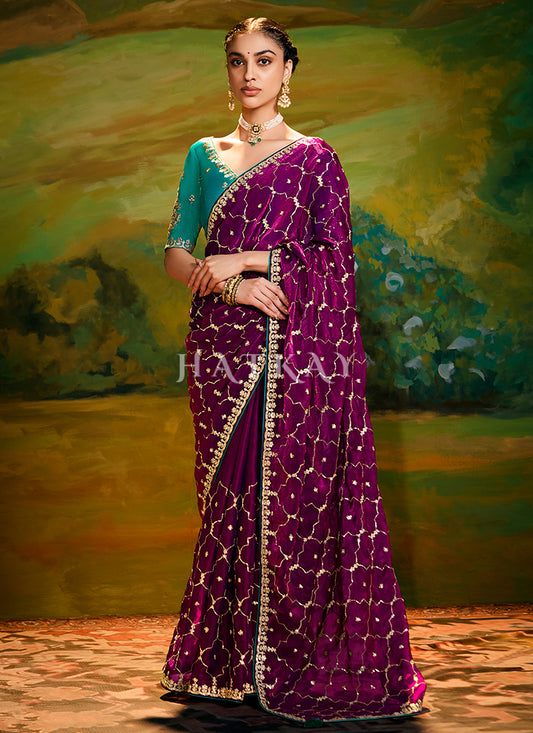 Wine And Teal Embroidery Wedding Silk Saree