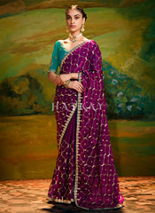 Wine And Teal Embroidery Wedding Silk Saree