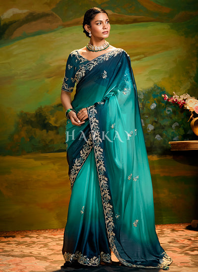 Turquoise Ombré Embroidery Wedding Silk Saree
