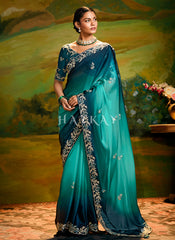 Turquoise Ombré Embroidery Wedding Silk Saree