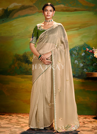Beige And Green Embroidery Wedding Silk Saree