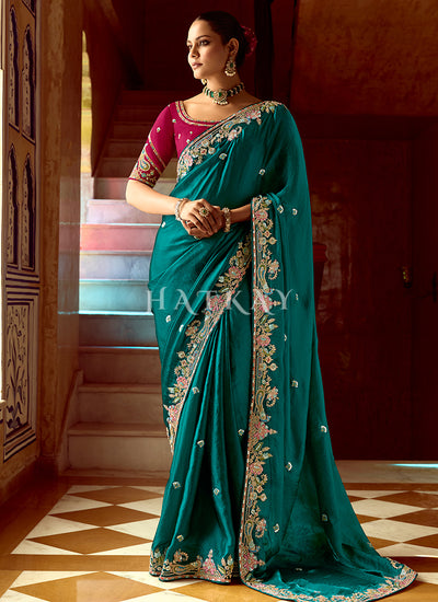 Teal And Pink Multi Embroidery Wedding Silk Saree