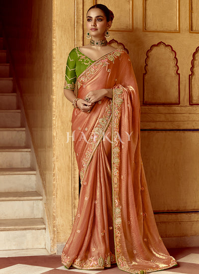 Orange And Green Multi Embroidery Wedding Silk Saree
