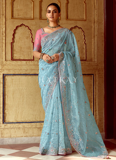 Blue And Pink Multi Embroidery Wedding Silk Saree