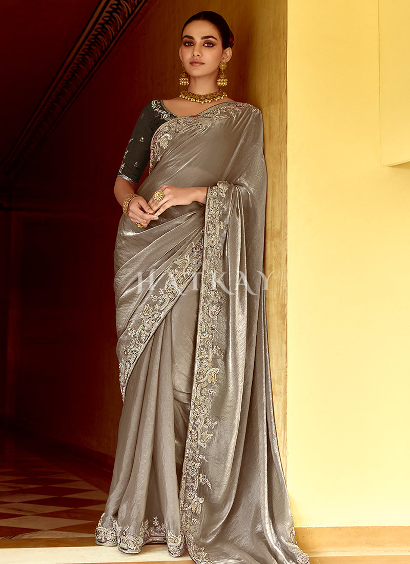 Silver Grey And Brown Multi Embroidery Wedding Silk Saree