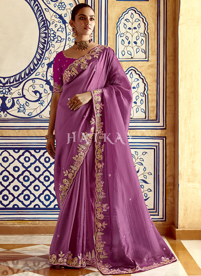 Purple Multi Embroidery Wedding Silk Saree