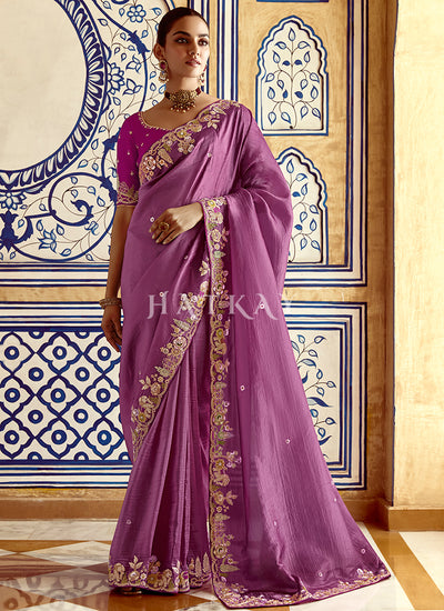 Purple Multi Embroidery Wedding Silk Saree