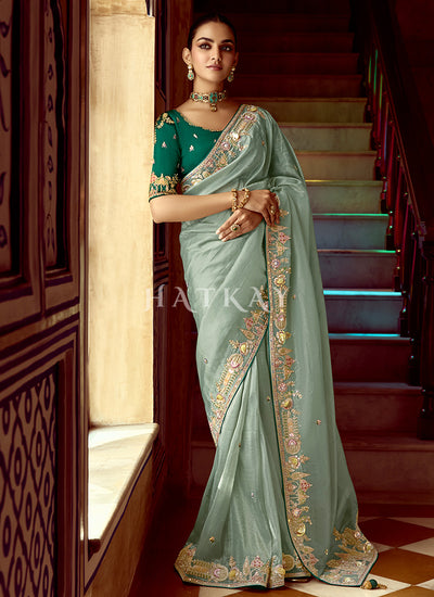 Green Multi Embroidery Wedding Silk Saree