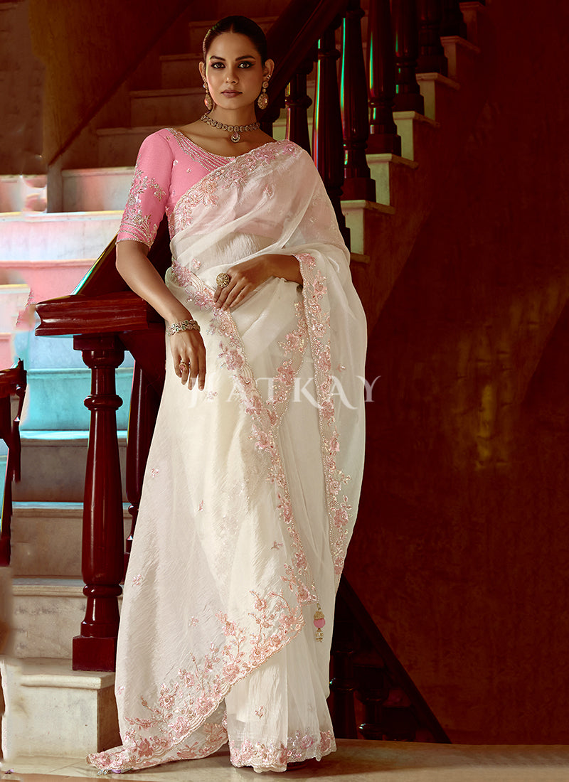 White And Pink Multi Embroidery Wedding Silk Saree