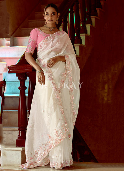 White And Pink Multi Embroidery Wedding Silk Saree