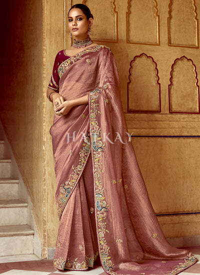 Dusty Pink And Red Multi Embroidery Wedding Silk Saree