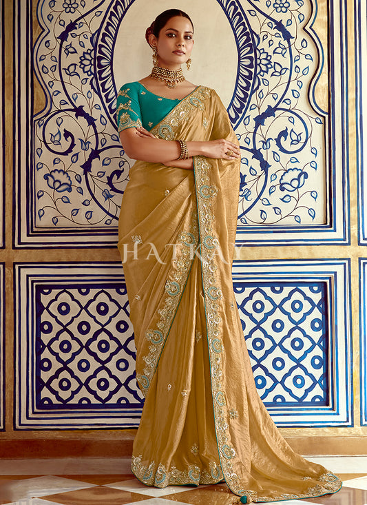 Mustard Gold And Teal Multi Embroidery Wedding Silk Saree