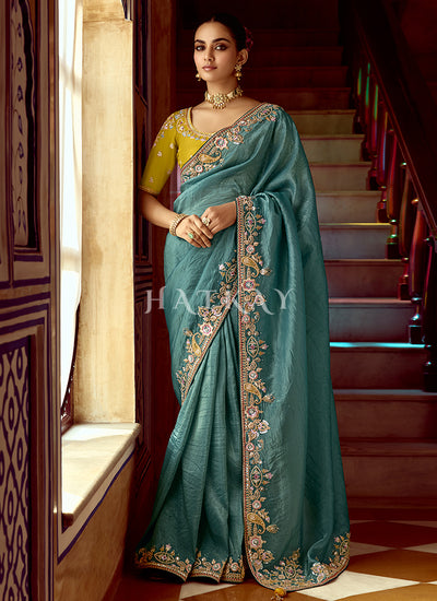 Turquoise And Yellow Multi Embroidery Wedding Silk Saree