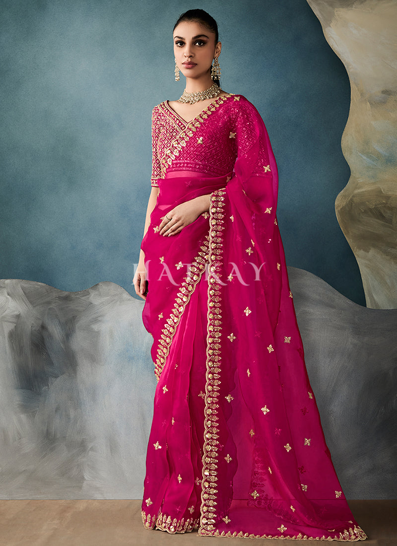 Hot Pink Embroidery Silk Saree