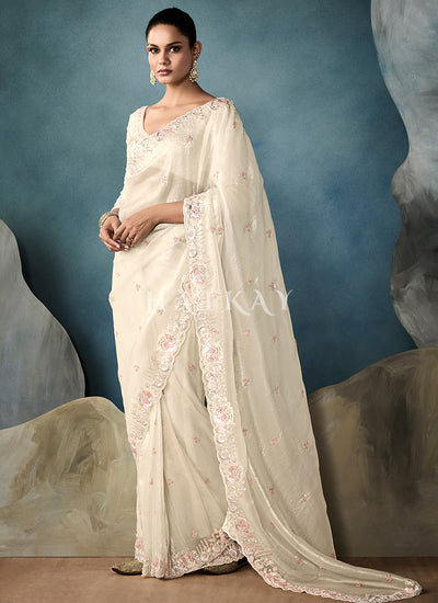 Pearl White Embroidery Silk Saree