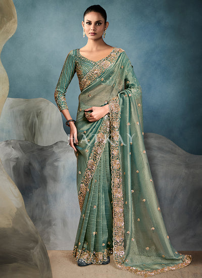 Sea Green Embroidery Silk Saree