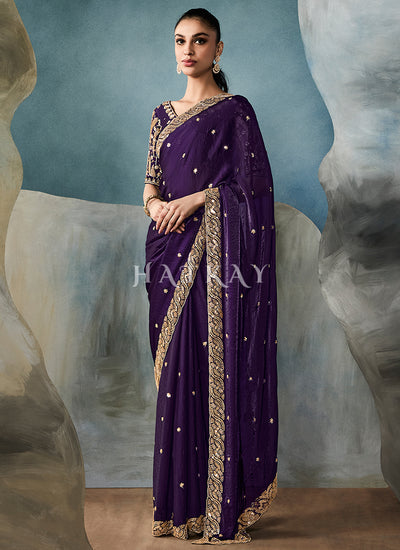 Deep Purple Embroidery Silk Saree