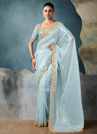 Sky Blue Embroidery Silk Saree