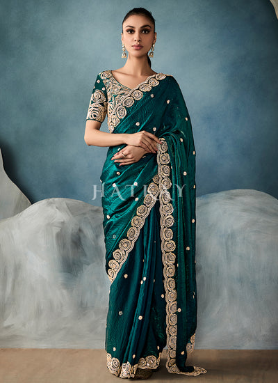 Dark Green Embroidery Silk Saree