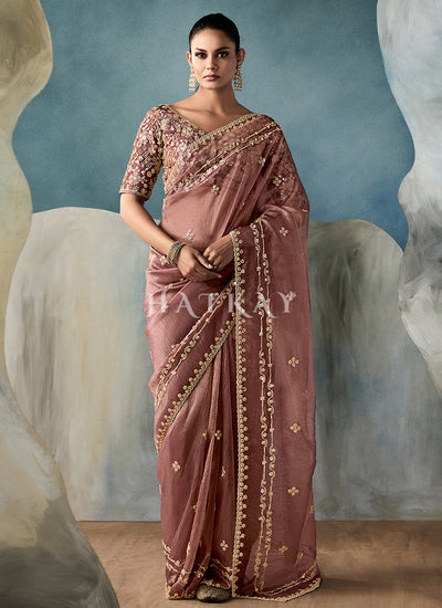Rose Pink Embroidery Silk Saree