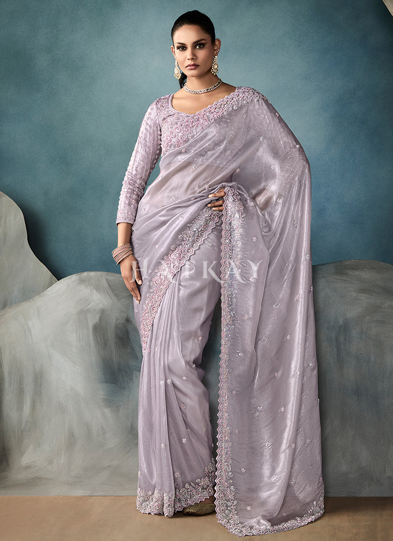 Lavender Embroidery Silk Saree