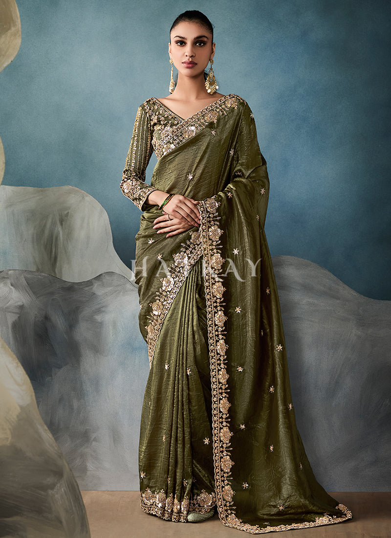 Olive Green Embroidery Silk Saree