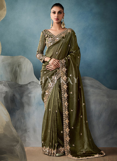 Olive Green Embroidery Silk Saree