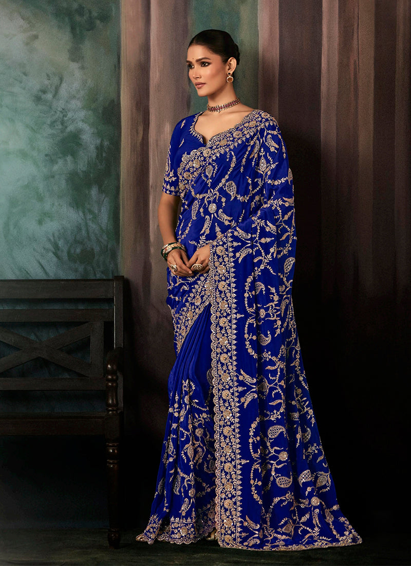 Royal Blue Handwork Embroidery Bridal Saree