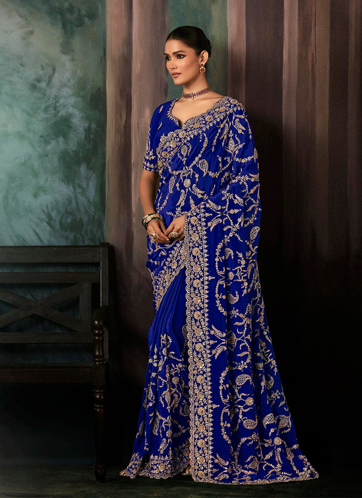 Royal Blue Handwork Embroidery Bridal Saree