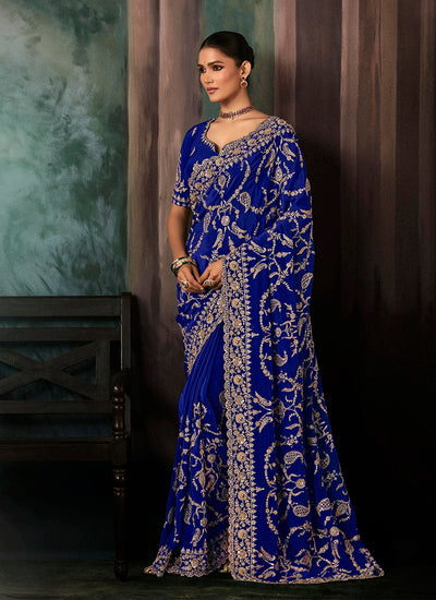 Royal Blue Handwork Embroidery Bridal Saree
