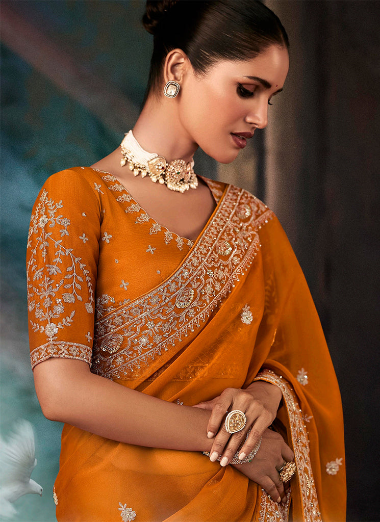 Sari Handwork Buy Indian Sari In UK - Orange Handwork Embroidery Bridal Saree