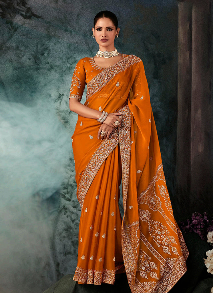 Orange Handwork Embroidery Bridal Saree