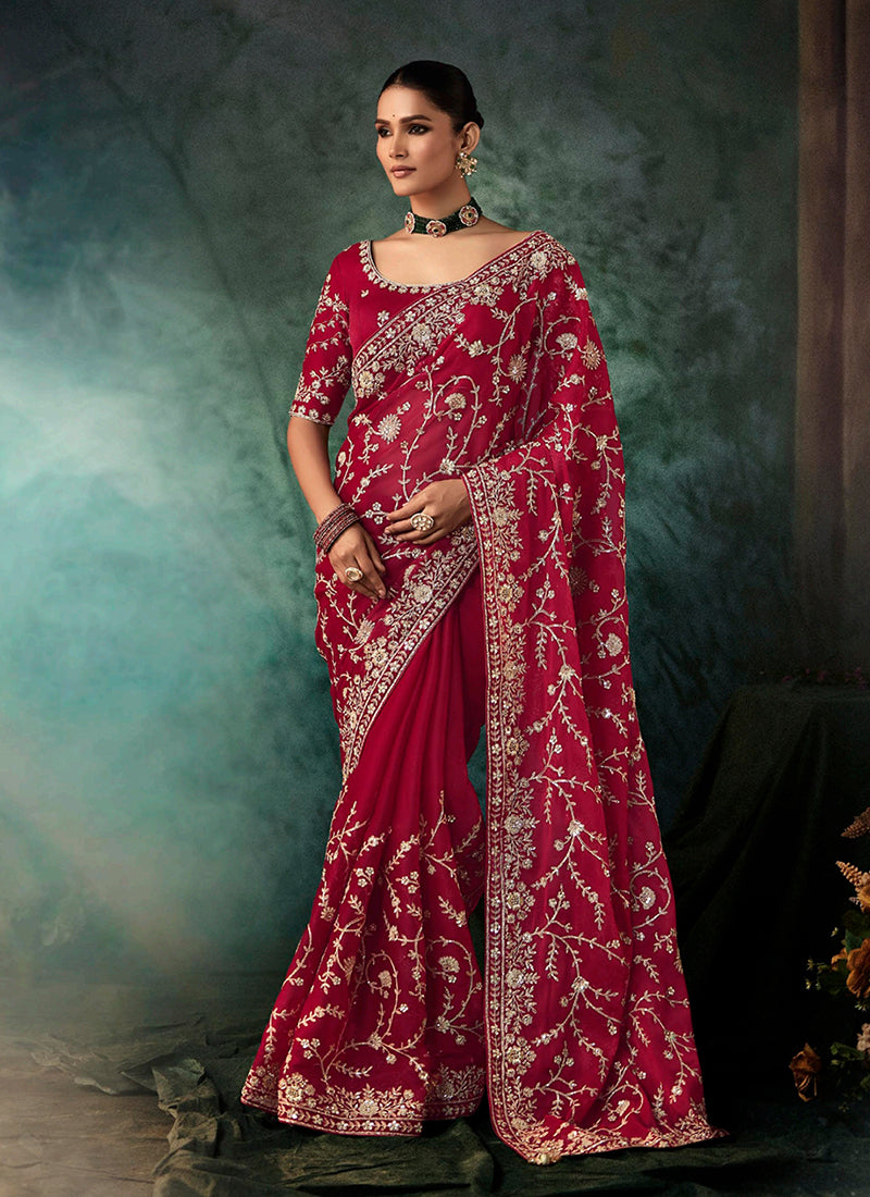 Cherry Red Handwork Embroidery Bridal Saree