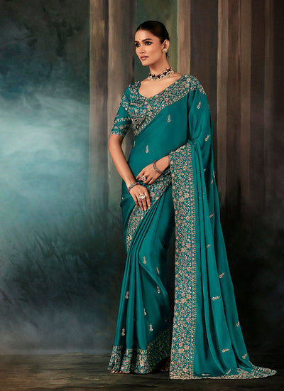 Turquoise Handwork Embroidery Bridal Saree