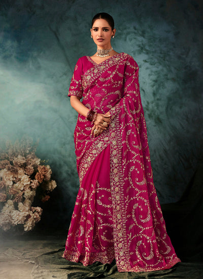 Magenta Pink Handwork Embroidery Bridal Saree