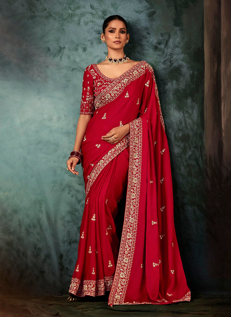 Red Handwork Embroidery Bridal Saree