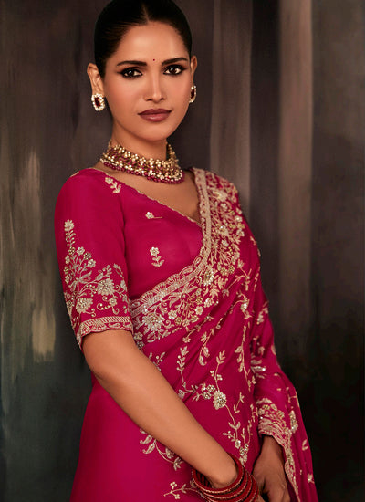 Magenta Handwork Embroidery Bridal Saree