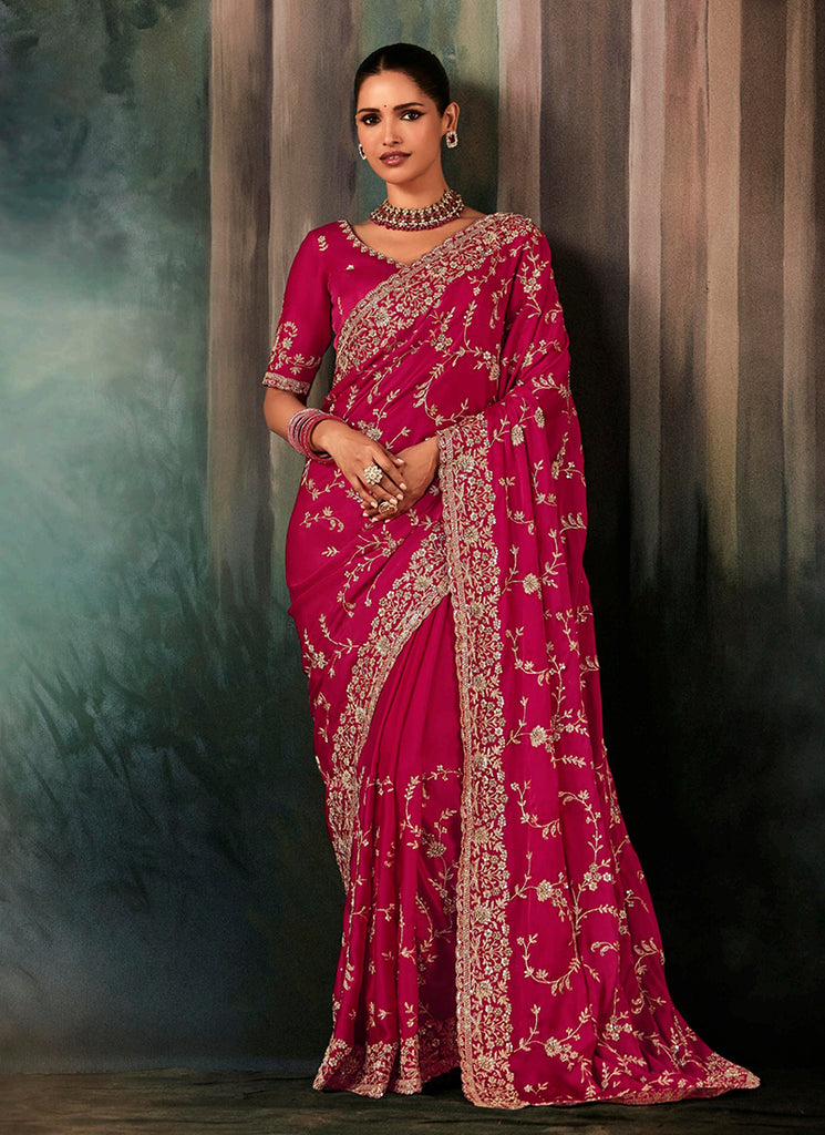 Magenta Handwork Embroidery Bridal Saree