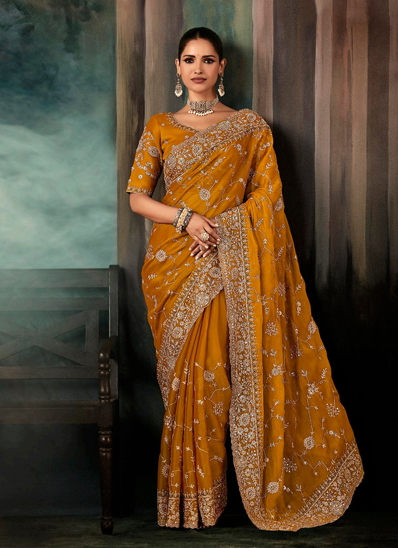 Golden Yellow Handwork Embroidery Bridal Saree