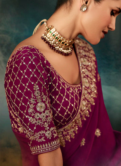 Deep Wine Handwork Embroidery Bridal Saree